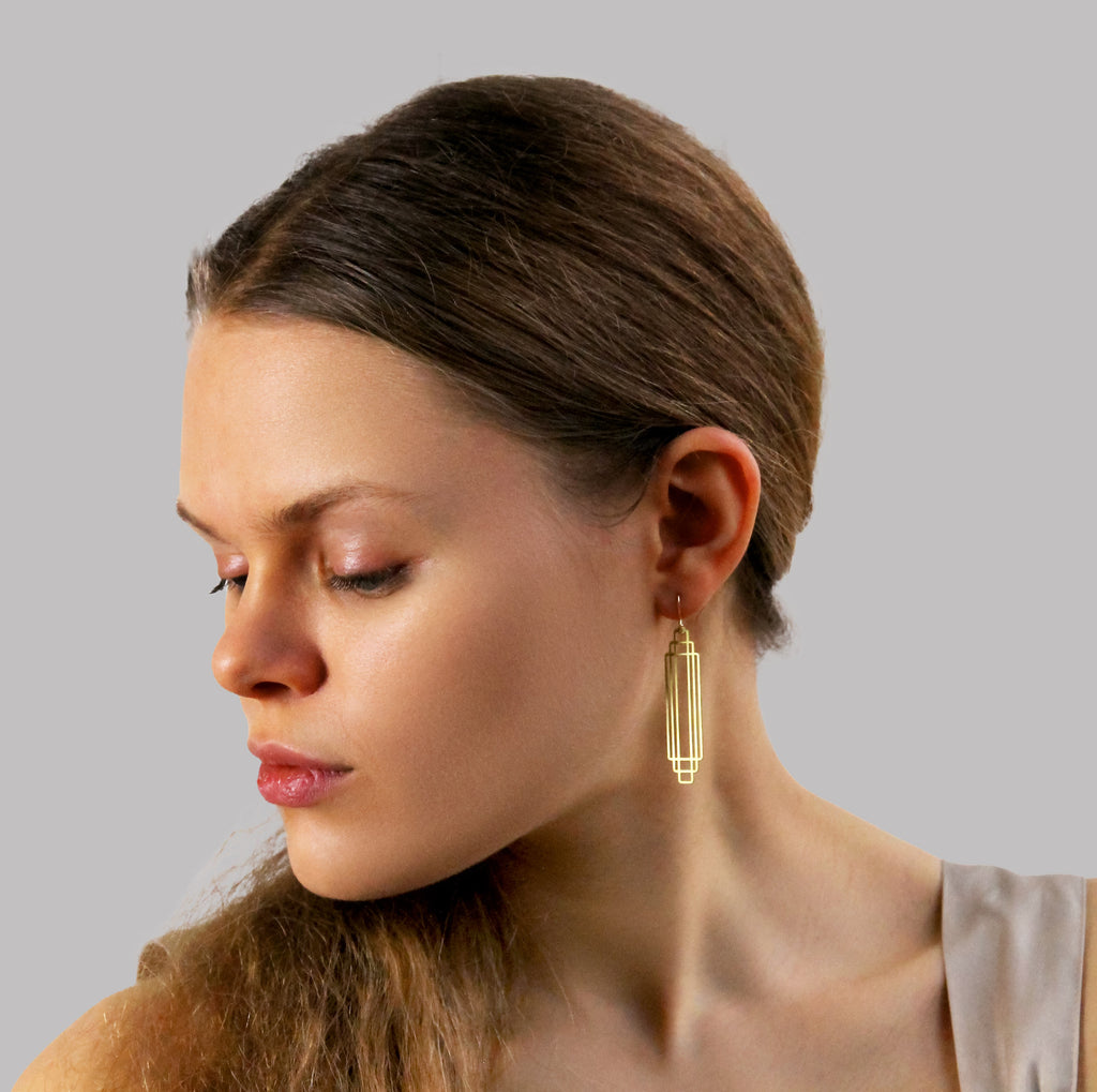 Art Deco Gold Rectangle Earrings - 