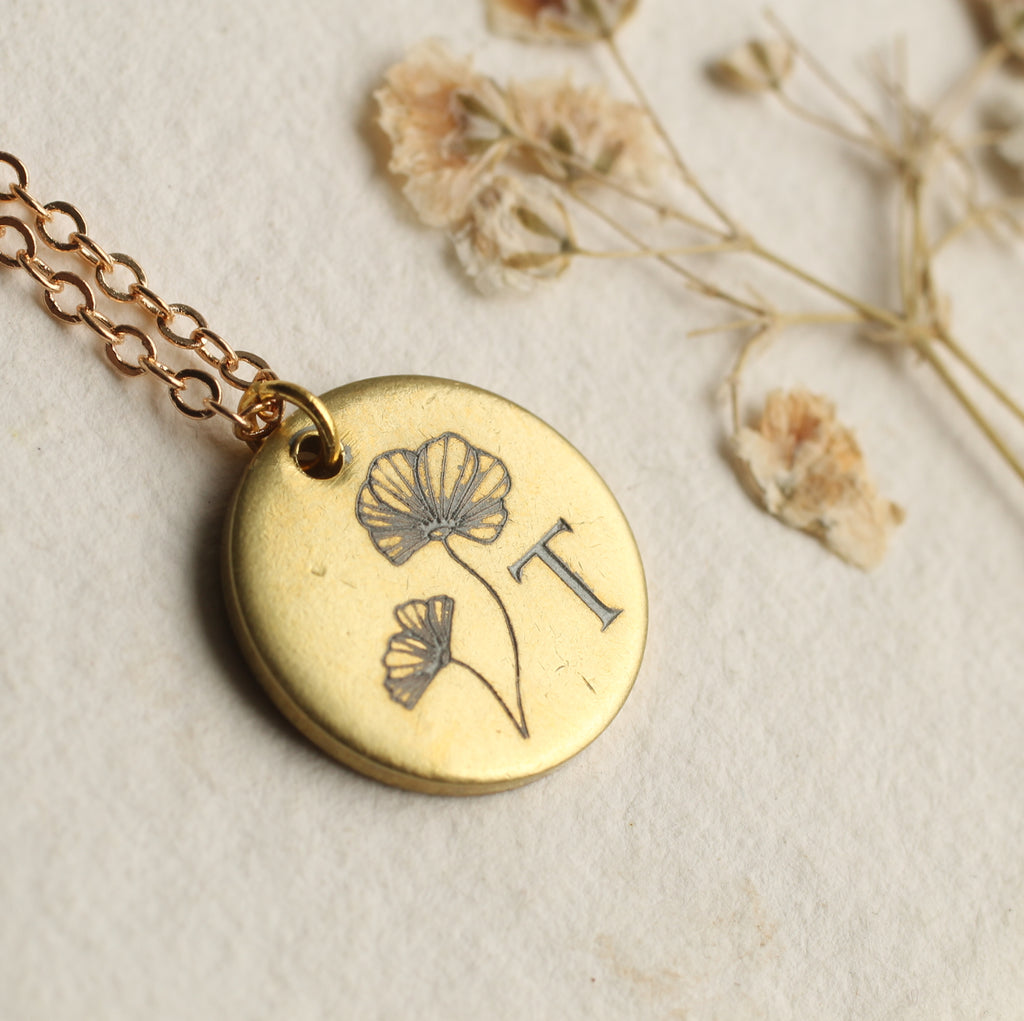 Engraved Wildflower Necklace With Initial - 