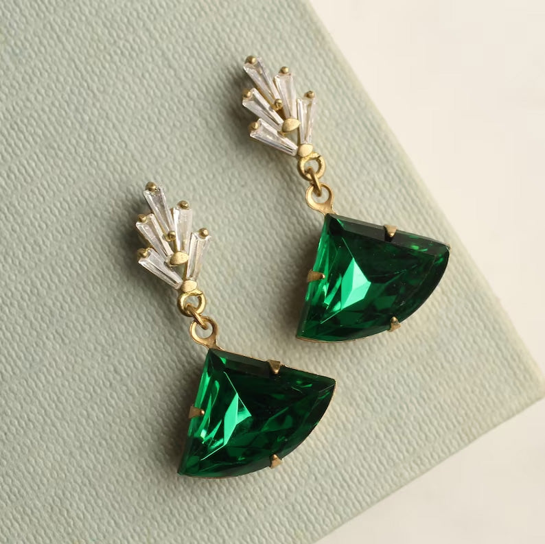 Emerald Green Chrysler Art Deco Earrings - Earrings