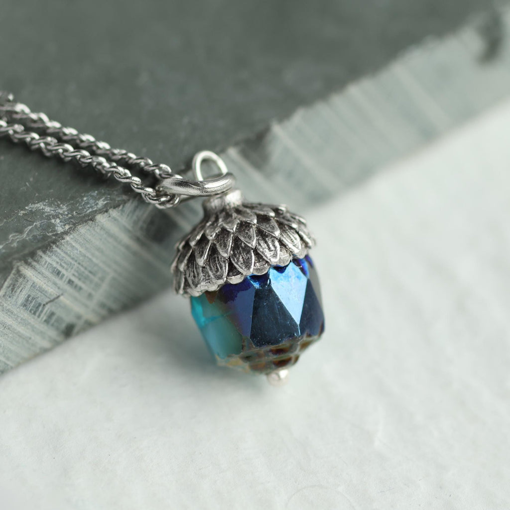 Peacock Blue Silver Acorn Necklace - Necklaces