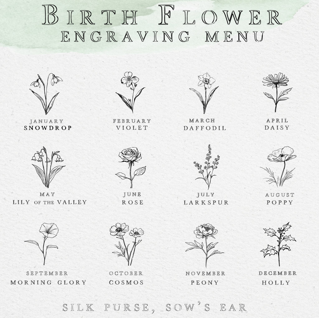 The image is a birth flower engraving menu featuring various types of flowers and their names.