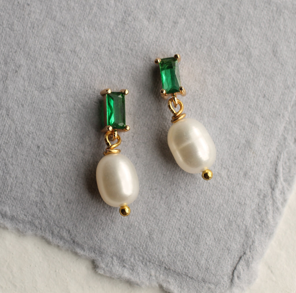 Emerald and Freshwater Pearl Drop Earrings - Earrings