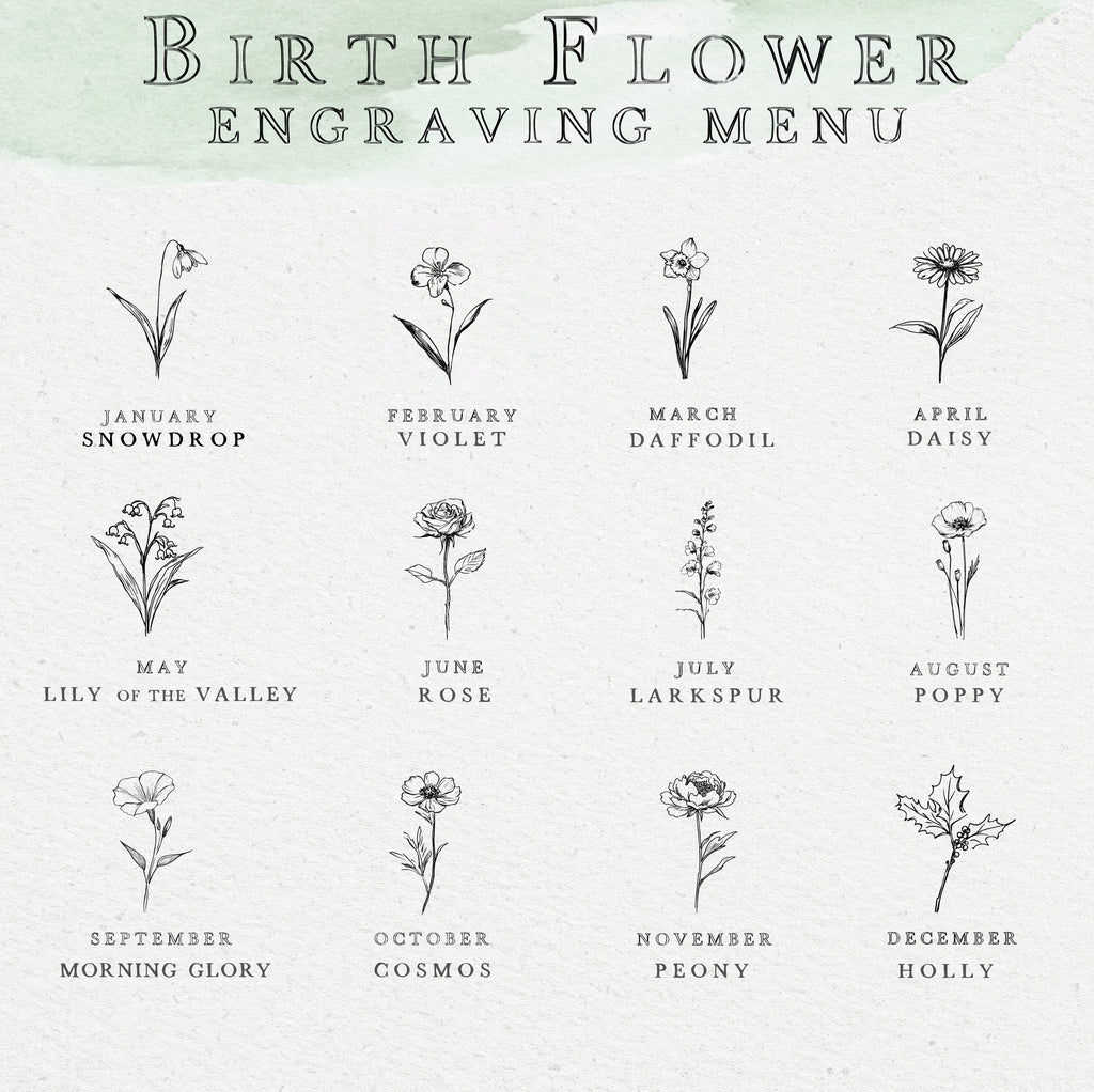 a collection of twelve different flower illustrations, each representing a different month of the year. The flowers are depicted in a simple, black and white style, and the months are labeled next to them.