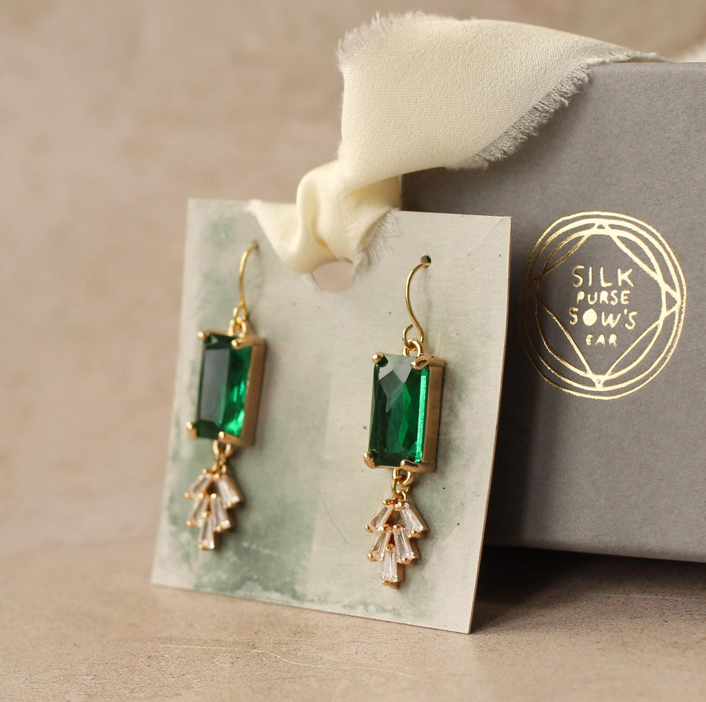 Vintage Emerald Bar Crystal Chrysler Earrings -