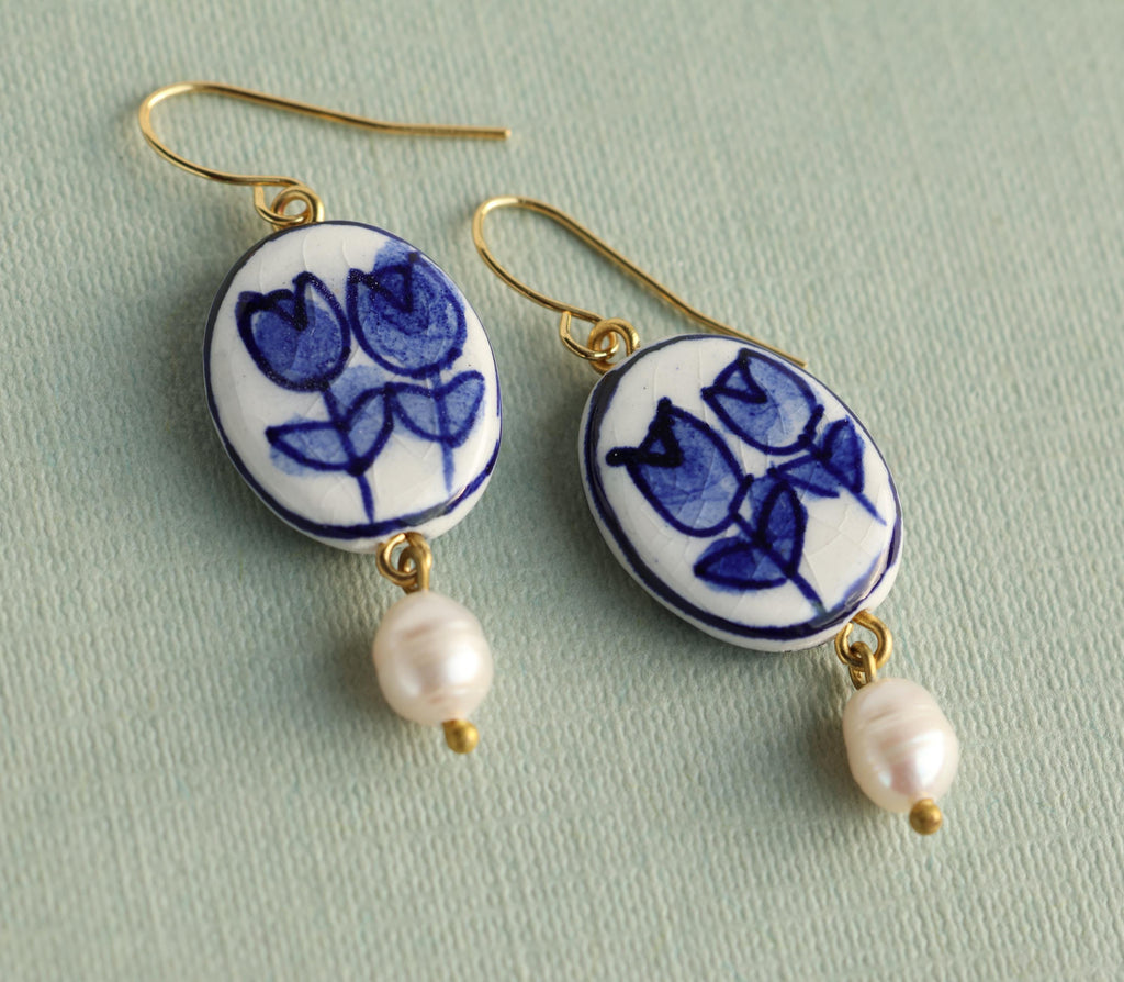 Blue Tulip Pearl Earrings - Earrings