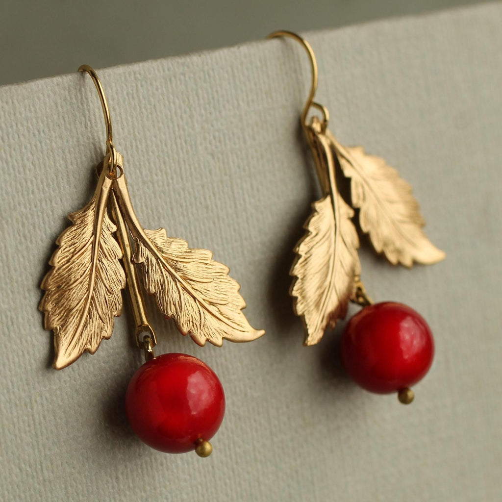 Double Leaf Red Cherry Earrings - Earrings