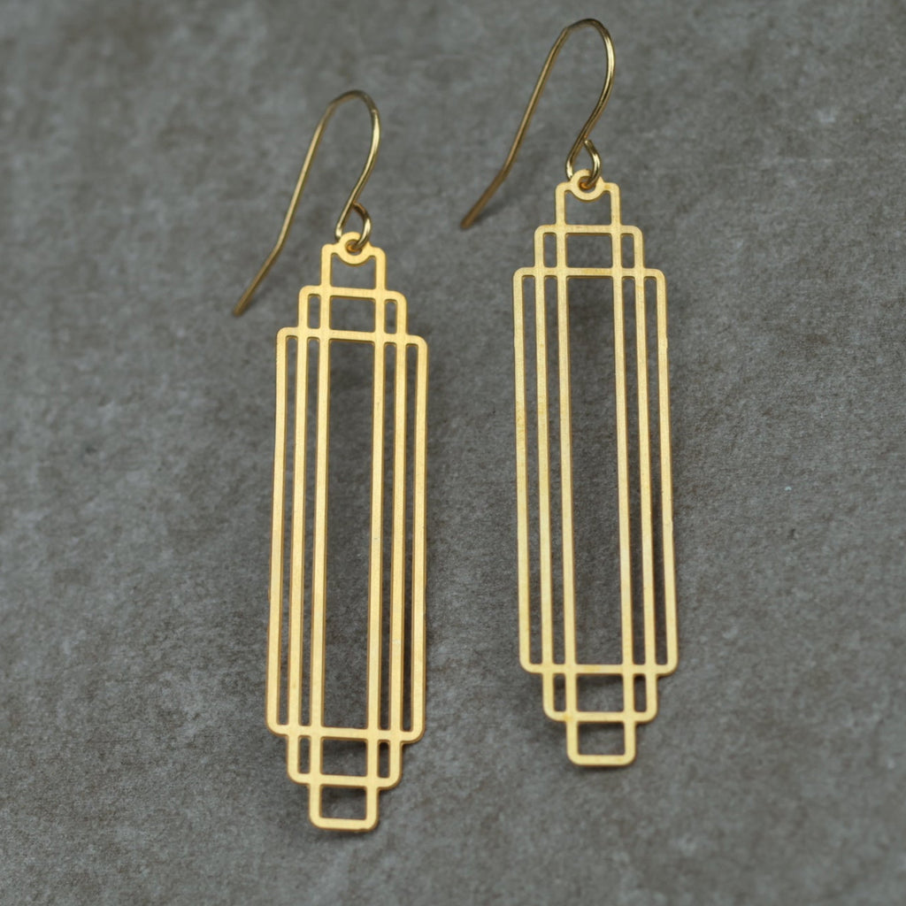 Art Deco Gold Rectangle Earrings (WS) - Earrings