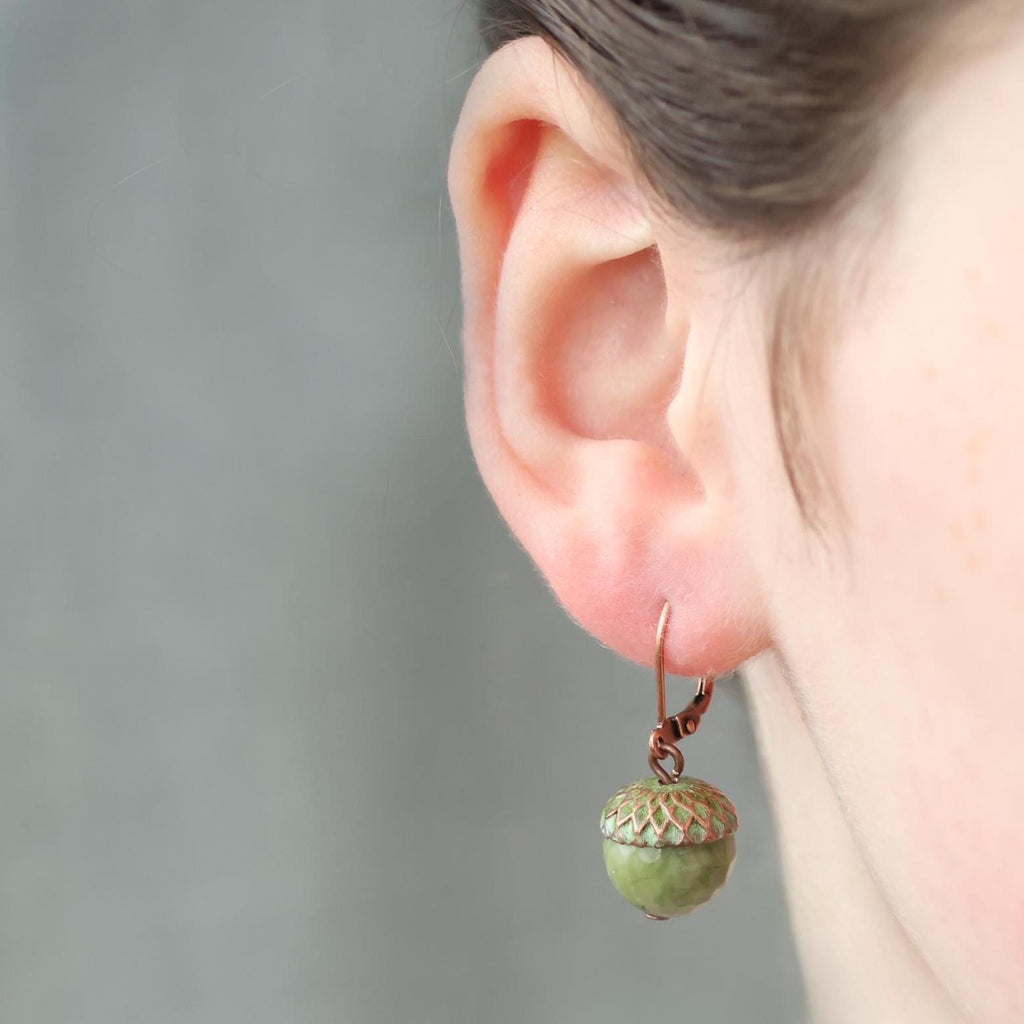 Moss Olive Green Acorn Earrings - Earrings