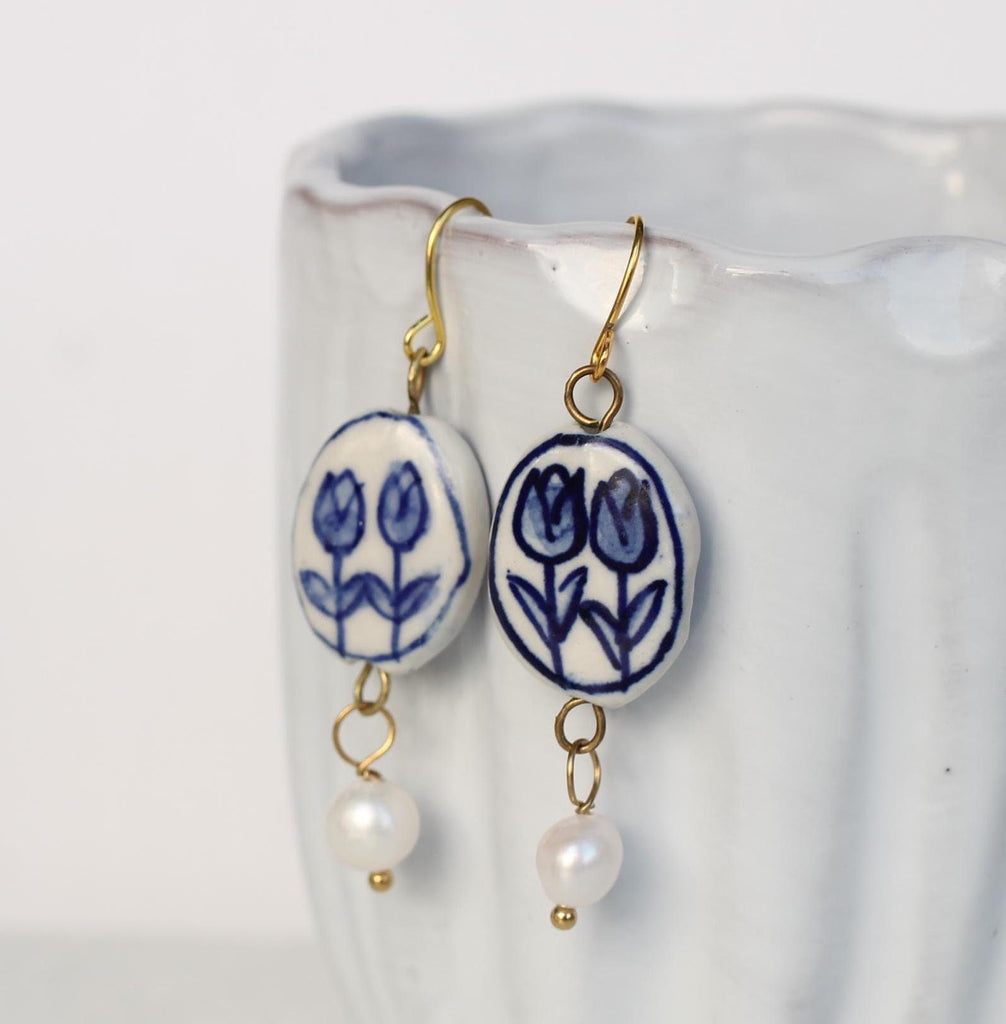 Blue Tulip Pearl Earrings - Earrings