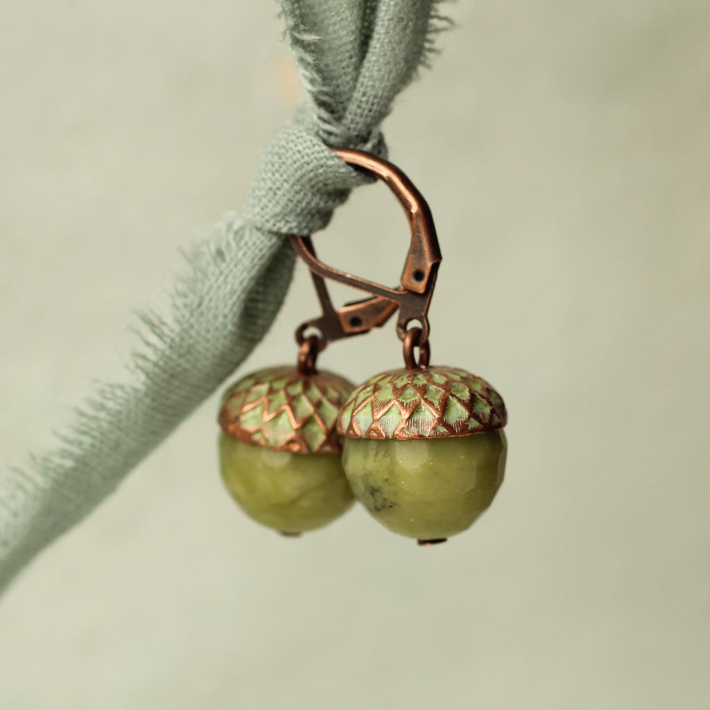 Moss Olive Green Acorn Earrings - Earrings