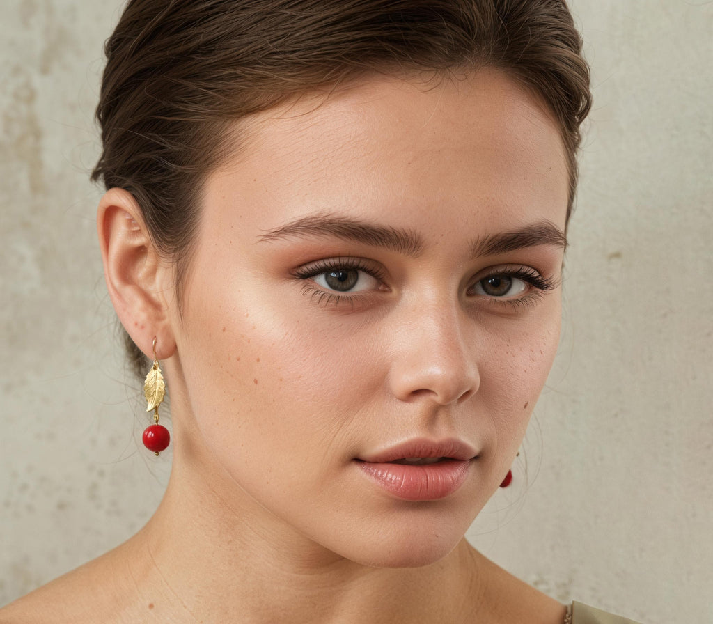Single Leaf Red Cherry Earrings - Earrings