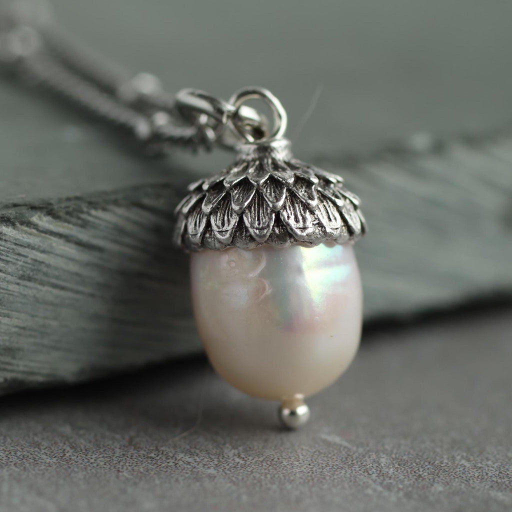 Freshwater Pearl Silver Acorn Necklace - Necklaces