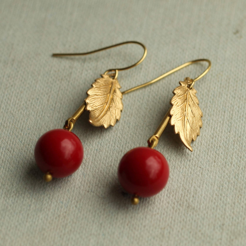 Single Leaf Red Cherry Earrings - Earrings