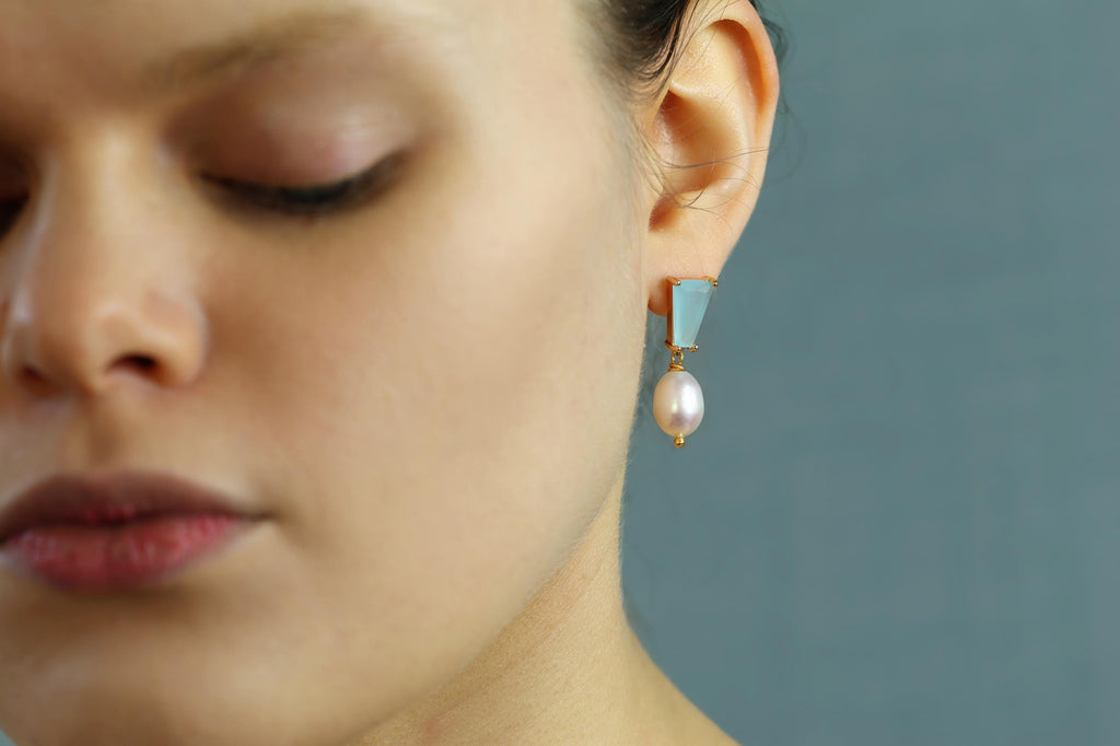 Turquoise Geometric Charm Earrings with Pearl - Earrings
