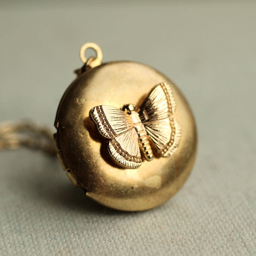 Gold Round Butterfly Locket - personalised photo locket