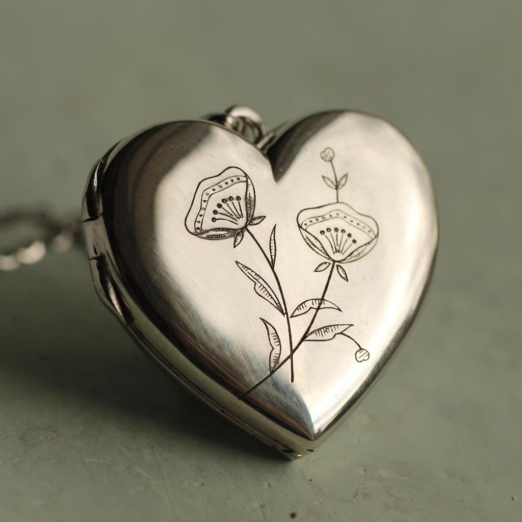 Sterling Silver Poppy Heart Locket - Necklaces