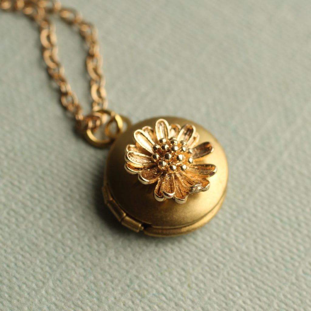 Gold Daisy Flower Tiny Locket - Necklaces