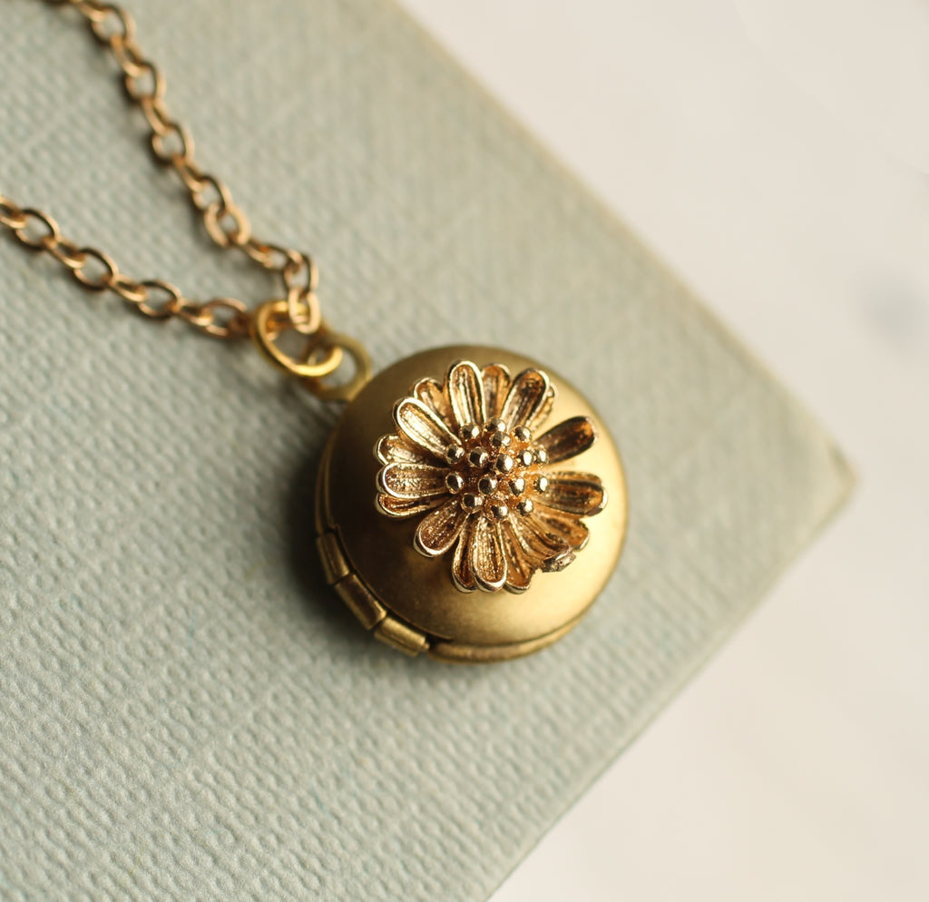 Gold Daisy Flower Tiny Locket - Necklaces