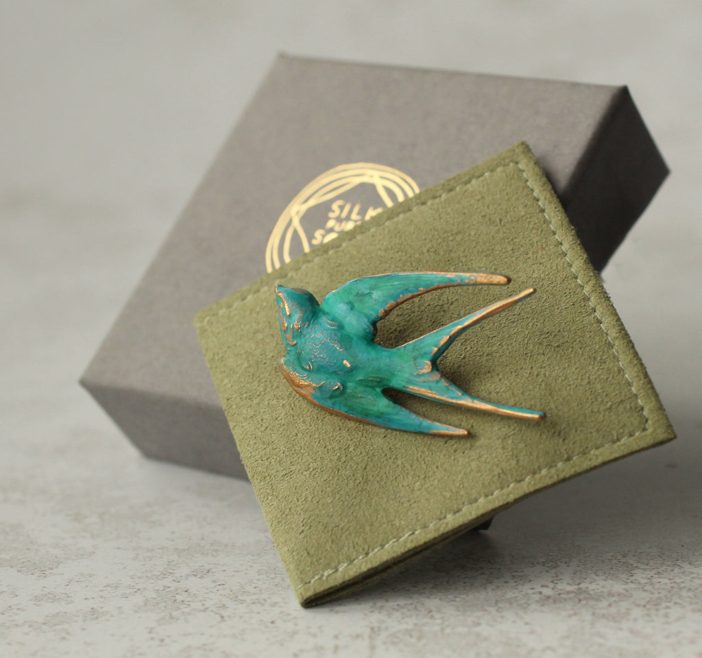 Large Verdigris Swallow Brooch (WS) - Brooches & Pins