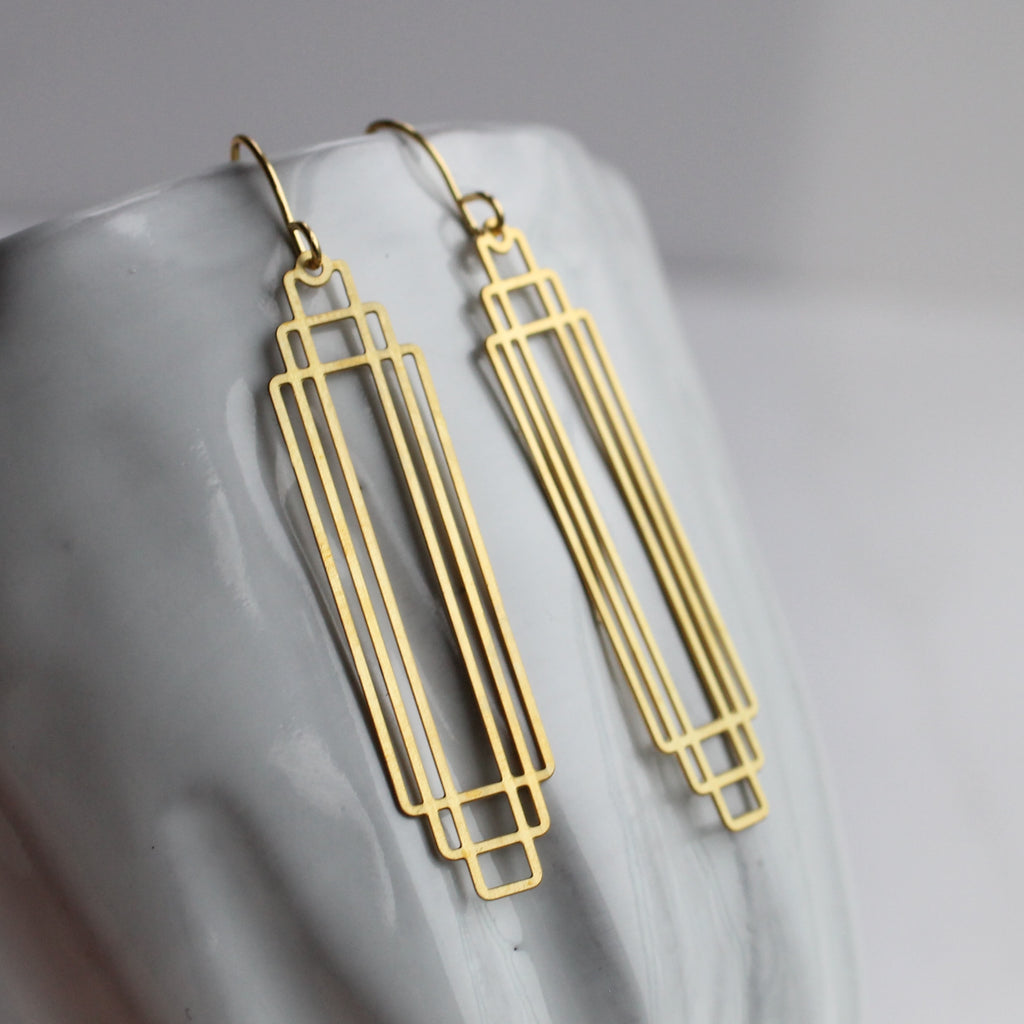 Art Deco Gold Rectangle Earrings (WS) - Earrings