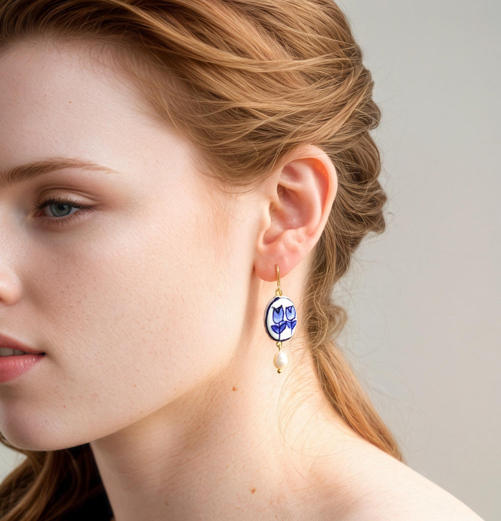 Blue Tulip Pearl Earrings (WS) - Earrings