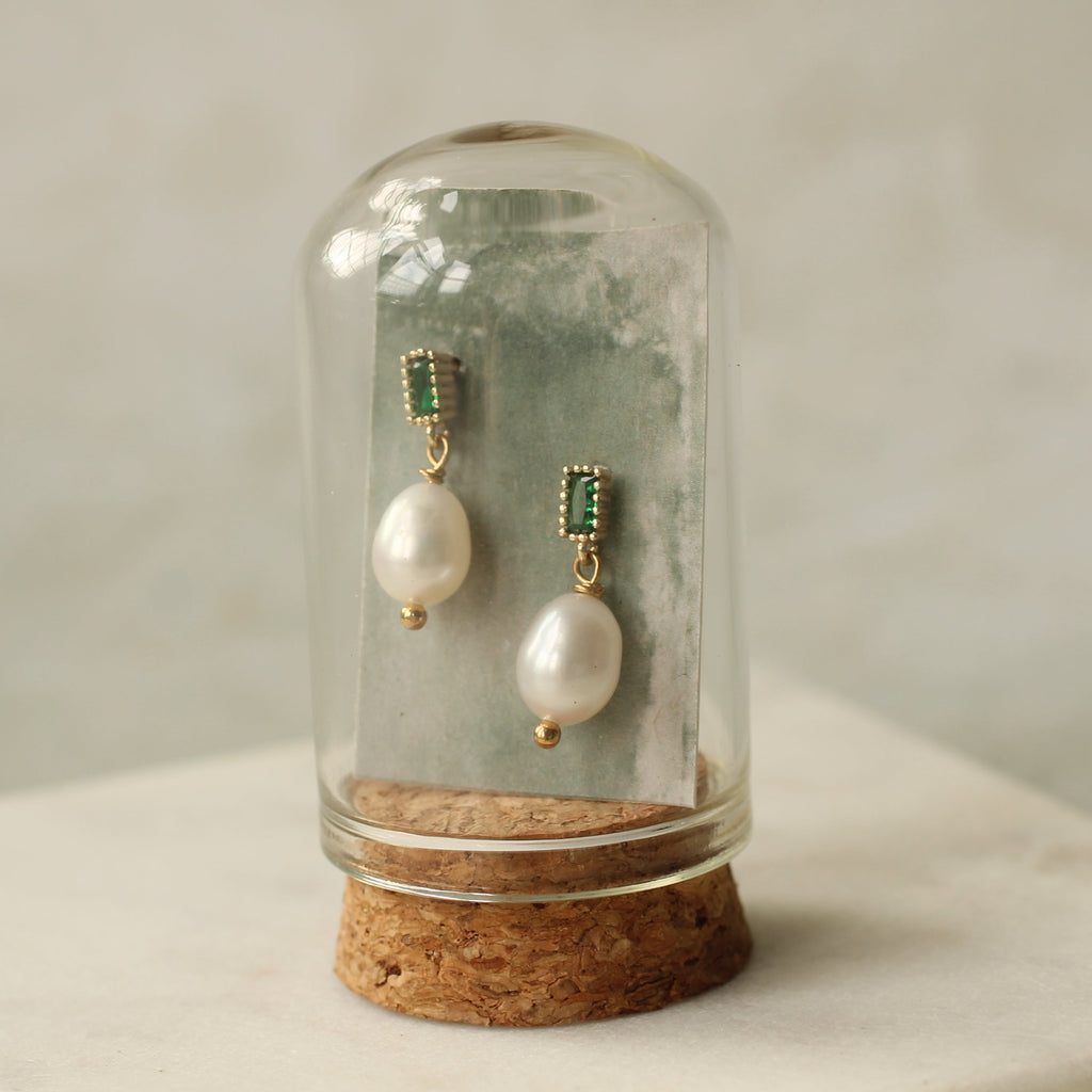 Emerald and Freshwater Pearl Drop Earrings (WS) - Earrings