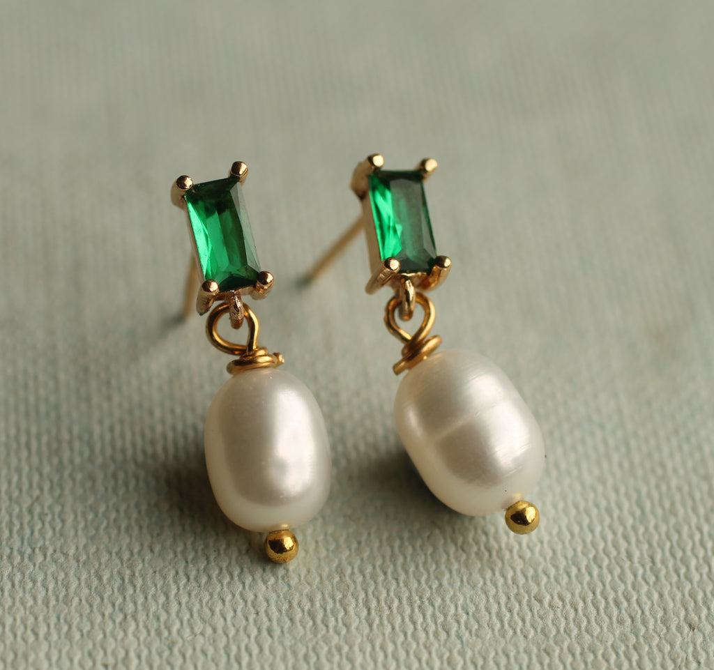 Emerald and Freshwater Pearl Drop Earrings (WS) - Earrings
