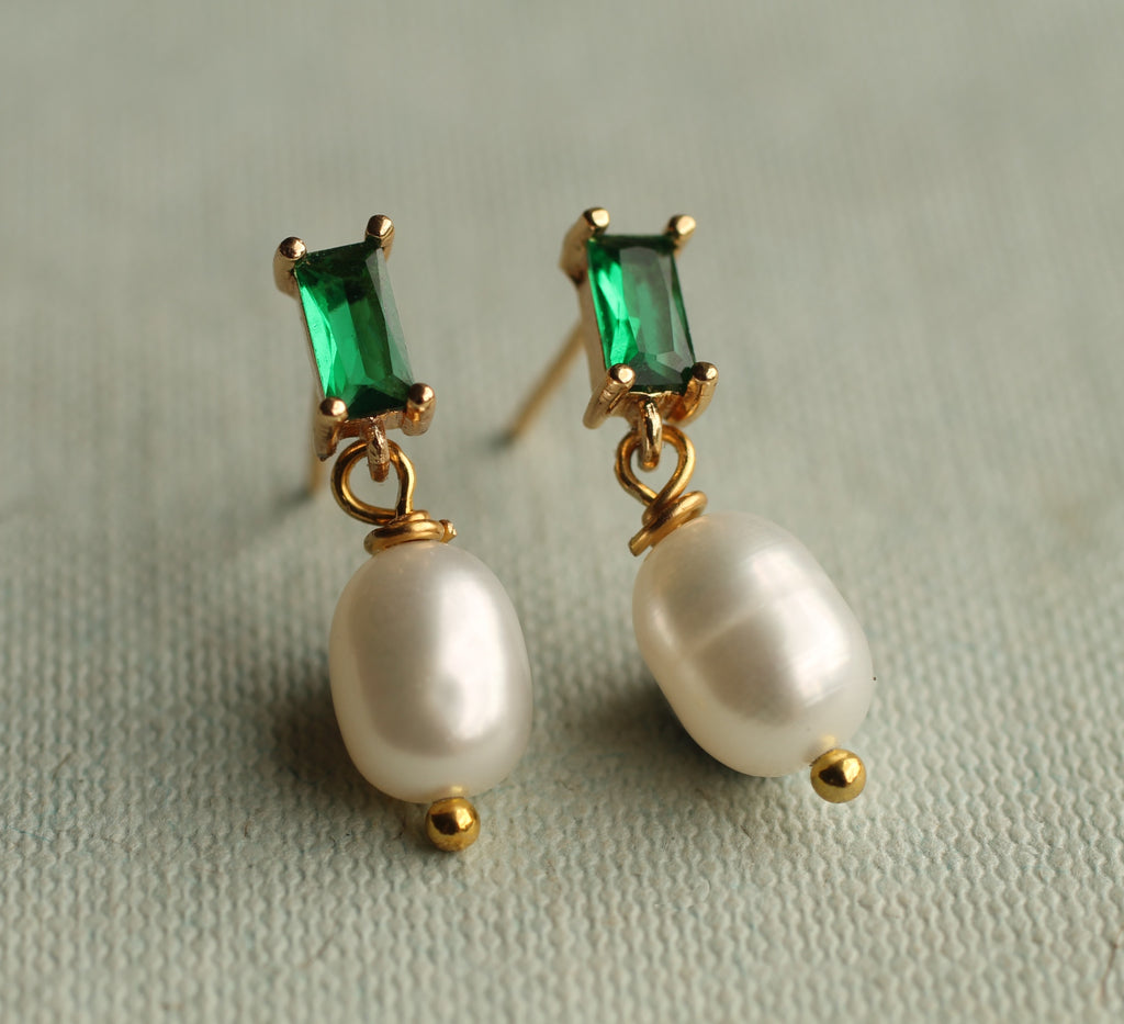 Emerald and Freshwater Pearl Drop Earrings - Earrings