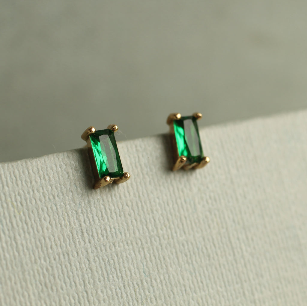 Emerald Green Baguette Rectangle Stud Earrings - Earrings