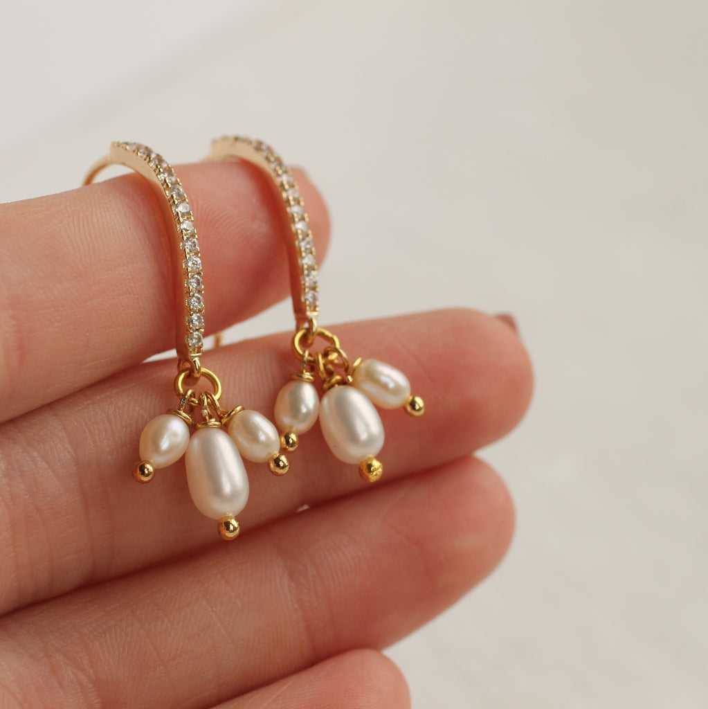 Freshwater Pearl and Gold Trio Bridal Earrings - Earrings