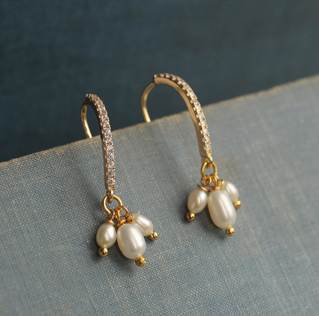 Freshwater Pearl and Gold Trio Bridal Earrings - Earrings