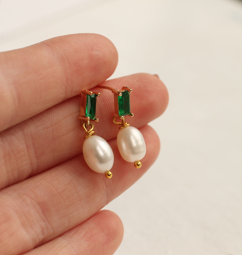 Emerald and Freshwater Pearl Drop Earrings - Earrings