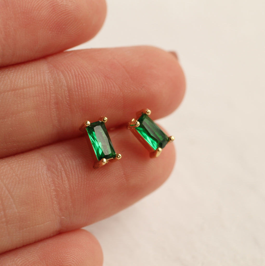 Emerald Green Baguette Rectangle Stud Earrings - Earrings