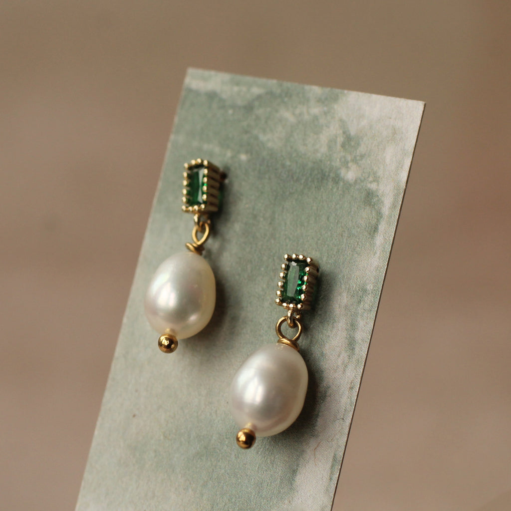 Emerald and Freshwater Pearl Drop Earrings (WS) - Earrings