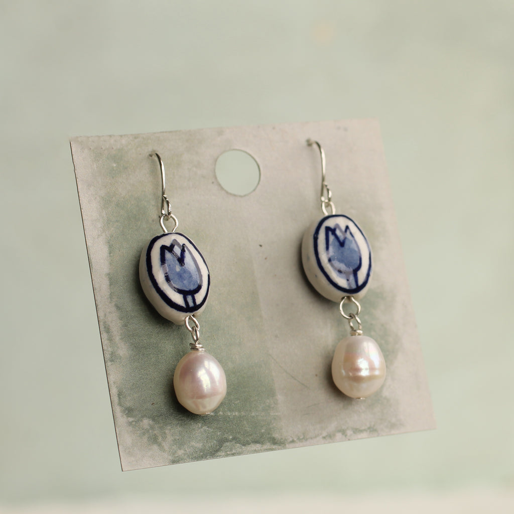 Blue Tulip Pearl Earrings (WS) - Earrings