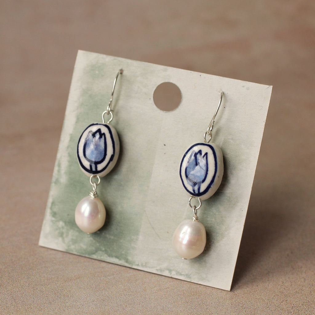 Blue Tulip Pearl Earrings (WS) - Earrings