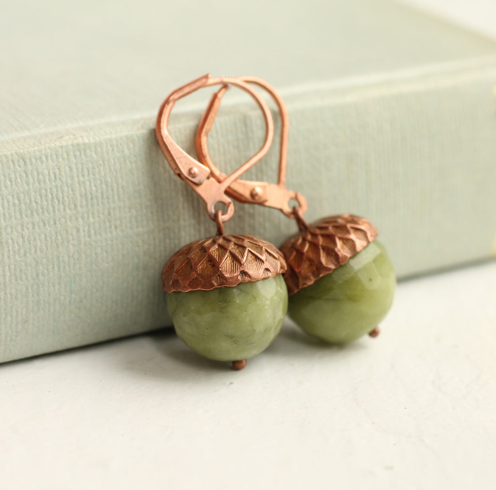 Faceted Olive Acorn Earrings - Earrings