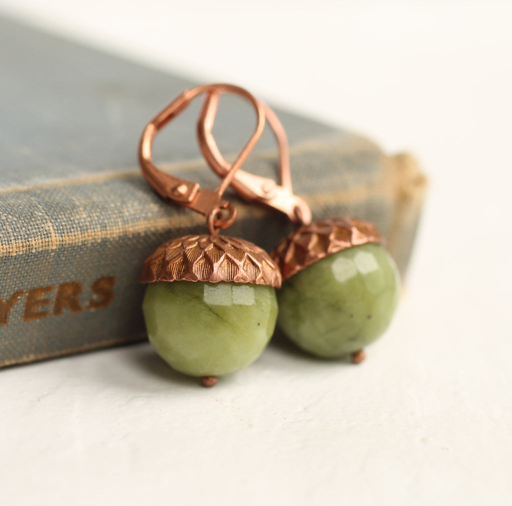 Faceted Olive Acorn Earrings - Earrings