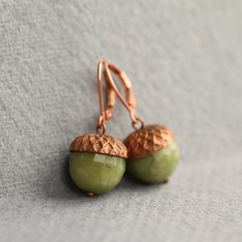 Faceted Olive Acorn Earrings - Earrings