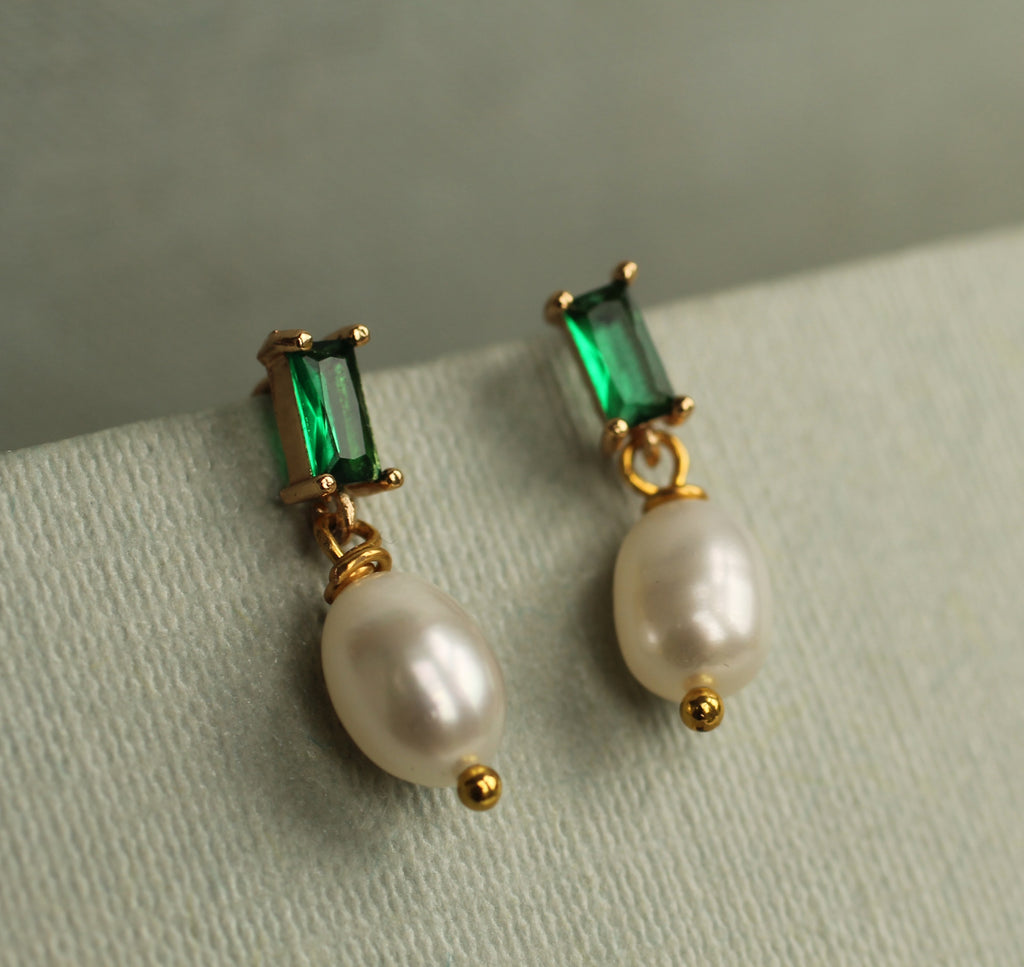 Emerald and Freshwater Pearl Drop Earrings - Earrings