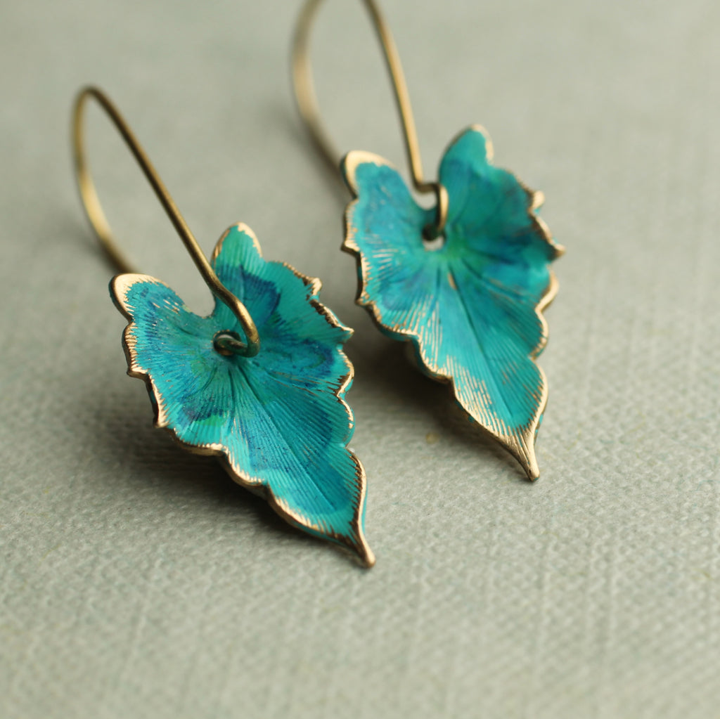 Verdigris Leaf Turquoise Green Earrings - Earrings