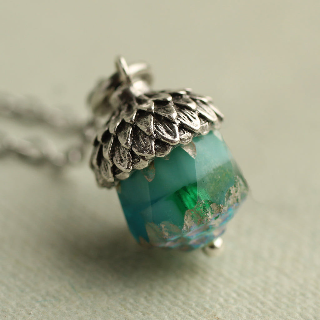 Peacock Blue Silver Acorn Necklace (WS) - Necklaces