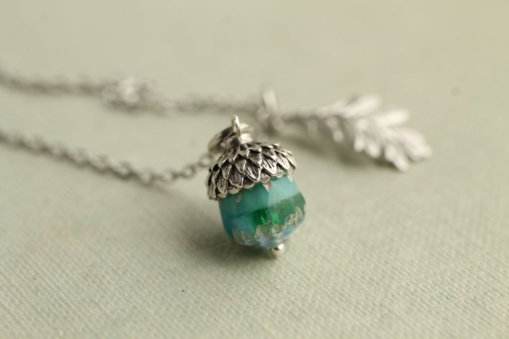 Peacock Blue Silver Acorn Necklace - Necklaces