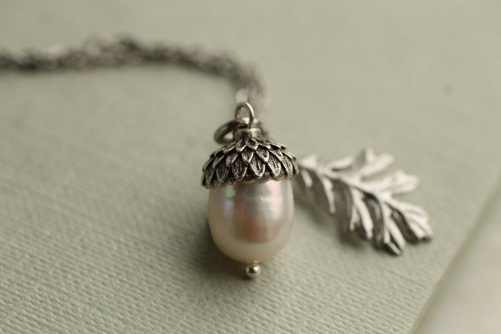 Freshwater Pearl Silver Acorn Necklace - Necklaces
