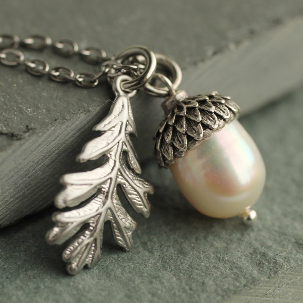 Freshwater Pearl Silver Acorn Necklace (WS) - Necklaces