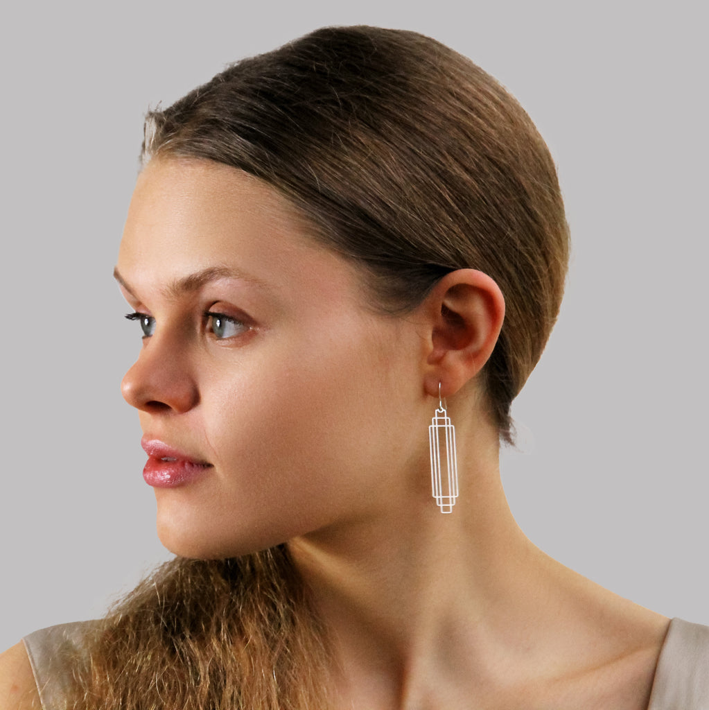 Art Deco Silver Rectangle Earrings - Earrings