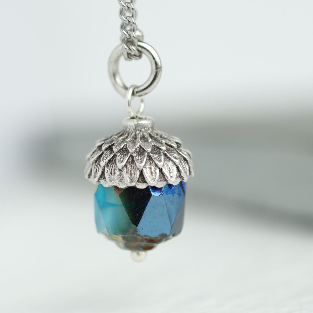 Peacock Blue Silver Acorn Necklace - Necklaces