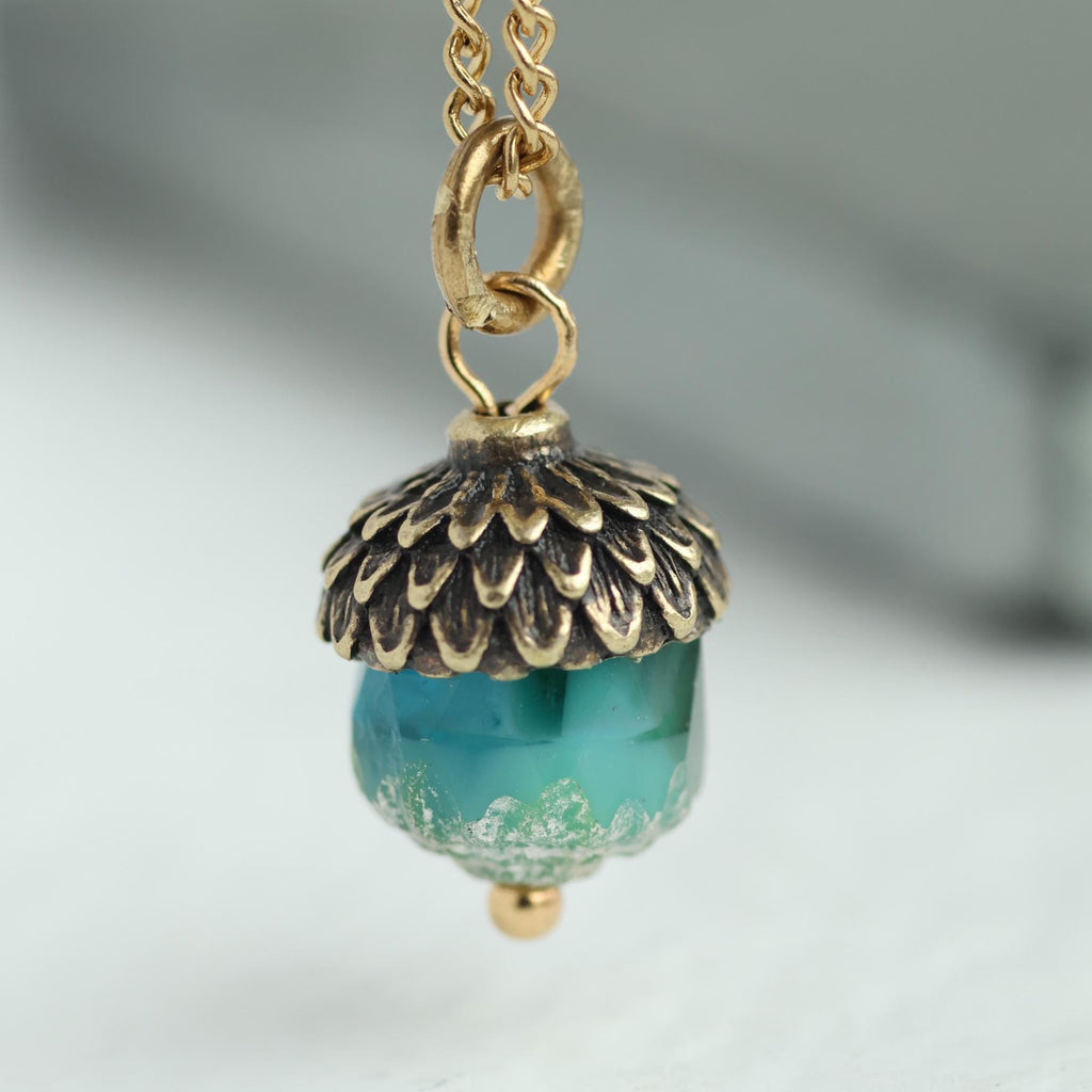 Peacock Blue Gold Acorn Necklace - Necklaces