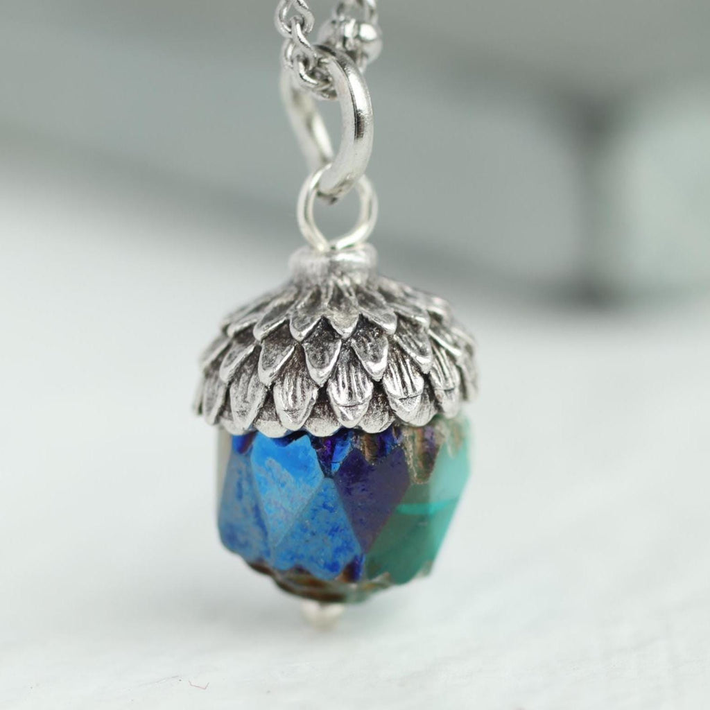Peacock Blue Silver Acorn Necklace - Necklaces