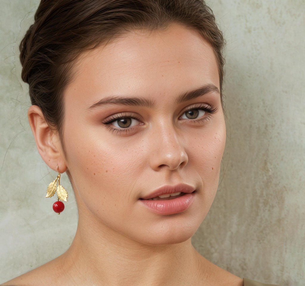 Double Leaf Red Cherry Earrings - Earrings